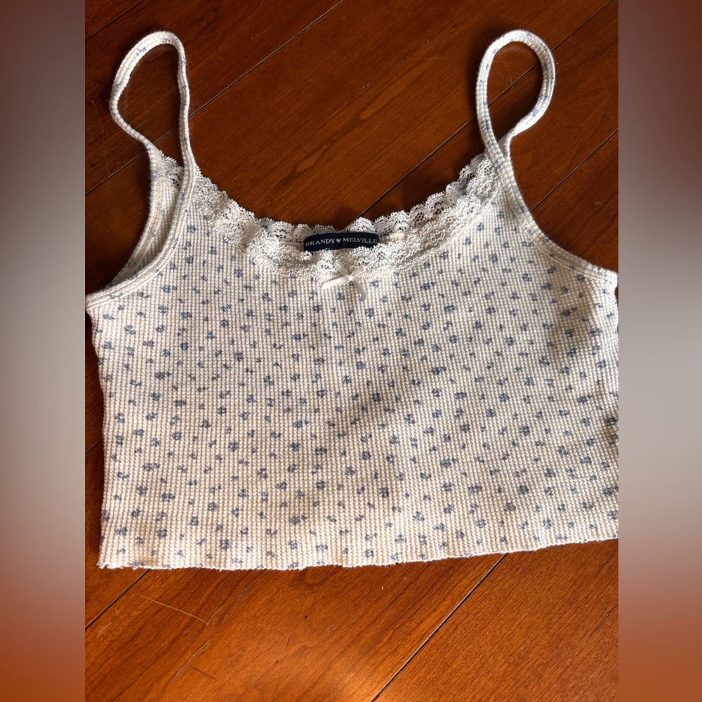 Brandy Melville Skylar Floral Tank Cropped Lace Cami White and Blue Dollette